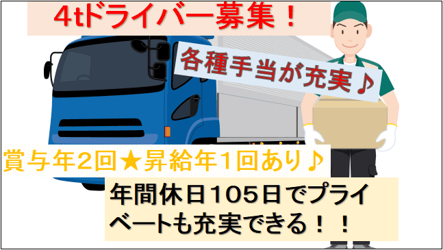 【年間休日105日★最初は先輩が同乗で安心】賞与・昇給有で厚待遇!4tドライバー イメージ